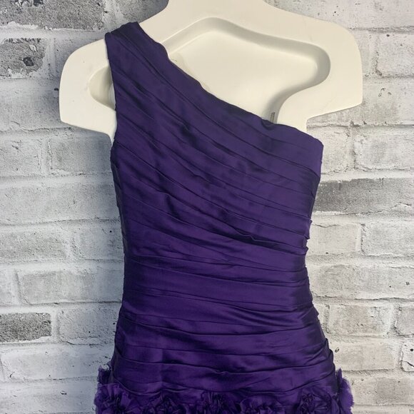 Theia One Shoulder Purple 100% Silk Ruched Rosette 3D Appliqué Cocktail Dress - Picture 5 of 16